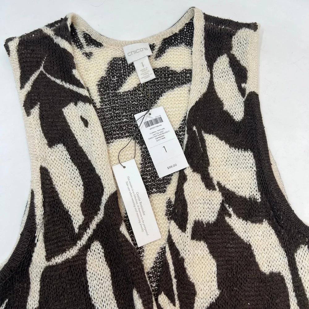Chicos Sleeveless Long‎ Knit Vest Abstract Print Open Front Women 1 NEW